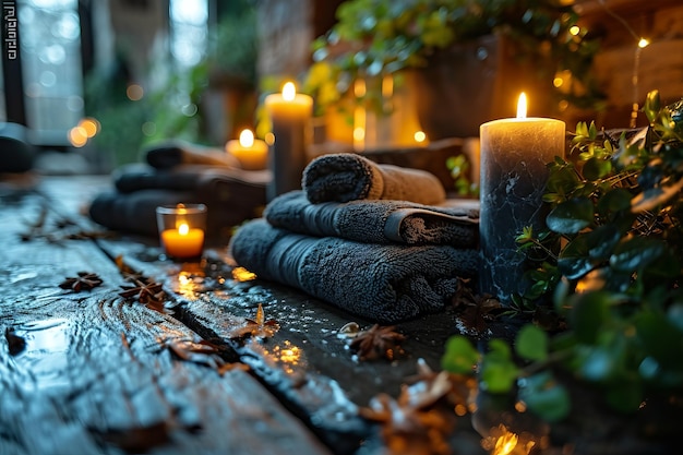 Cozy Spa Table Setting with Stacked Towels and Candles Created With Generative AI Technology