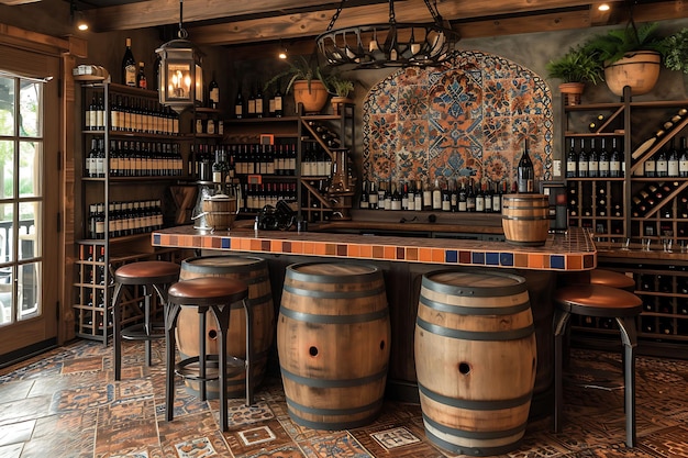 Foto accogliente bar di vino di ispirazione spagnola con piastrelle di mosaico, bancone wi-fi, layout interno, decorazione creativa