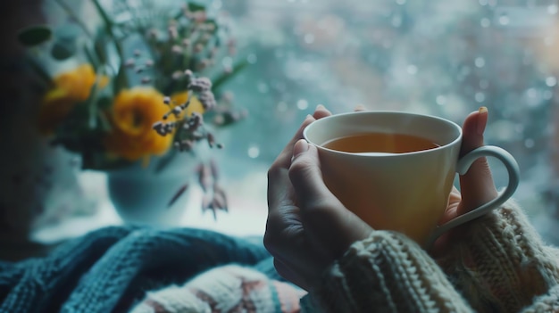 温かいお茶を手に持っている人の居心地の良い静物 茶の温かさとセーターの快適さはハイゲの囲気を作り出します