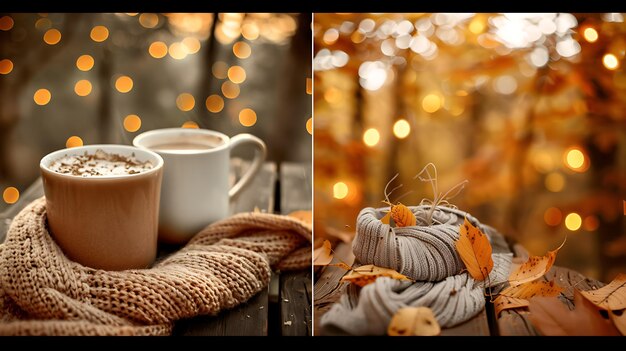 A cozy still life of two mugs of hot chocolate on a wooden table surrounded by a warm knitted scarf and fallen autumn leaves