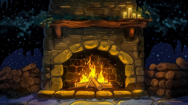 Photo cozy stone fireplace with crackling fire and warm candles creating a tranquil winter atmosphere