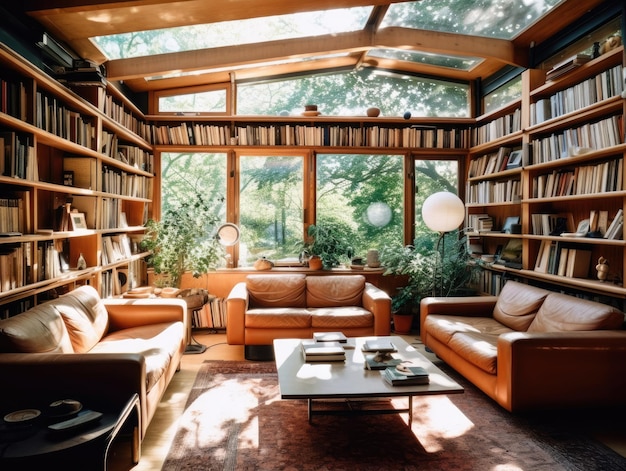 Cozy study room interior with book shelves sofa and large windows Generative AI