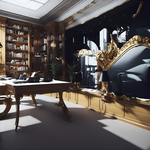 A cozy study room with a desk bookshelf and a mirror