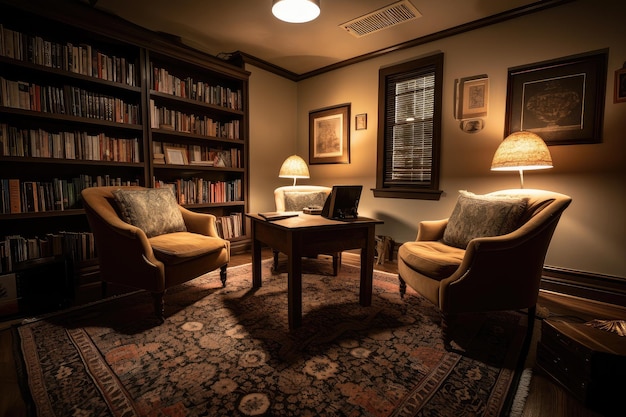 Cozy study room with warm lighting cozy armchairs and reading material