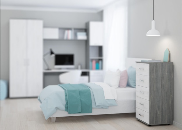 Уютная стильная спальня предназначена для подростка. Яркий интерьер с яркими акцентами. 3D-рендеринг.
