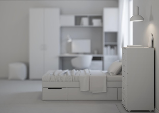 Cozy stylish bedroom designed for a teenager. Gray interior. 3D rendering.