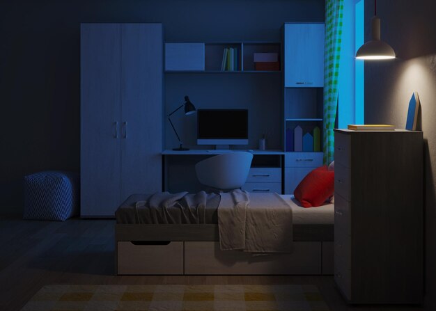 Cozy stylish bedroom designed for a teenager. Night. Evening lighting. 3D rendering.