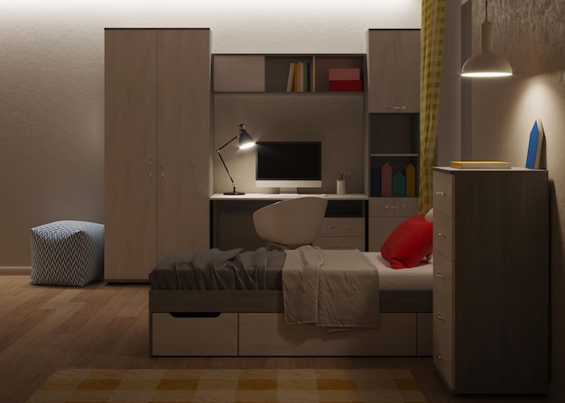 Cozy stylish bedroom designed for a teenager. Night. Evening lighting. 3D rendering.