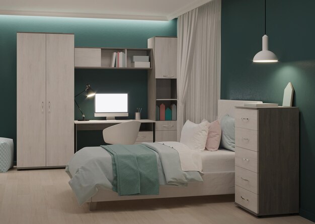Cozy stylish bedroom designed for a teenager. night. evening\
lighting. 3d rendering.