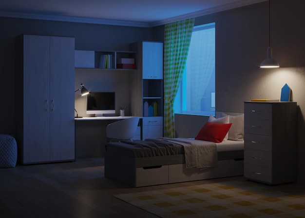 Cozy stylish bedroom designed for a teenager. night. evening lighting. 3d rendering