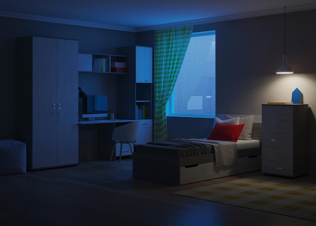 Уютная стильная спальня предназначена для подростка. Ночь. Вечернее освещение. 3D-рендеринг.