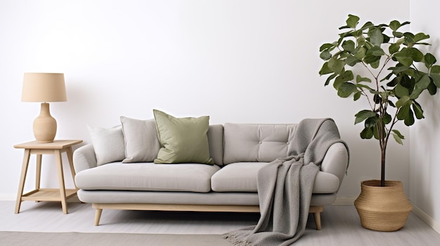 Photo cozy and stylish gray sofa and natural elements in a contemporary living room generative ai