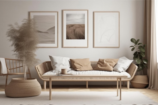 モダンな家具と壁の装飾が施された居心地の良いスタイリッシュなリビングルーム ジェネレーティブ AI