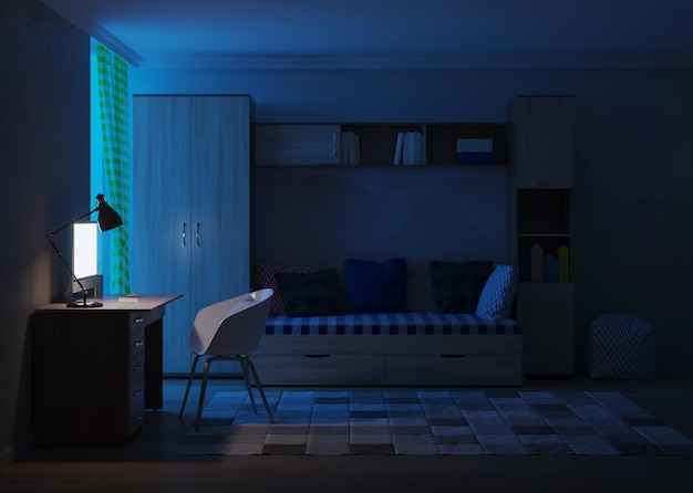 Cozy stylish room designed for a teenager. Night. Evening lighting. 3D rendering.