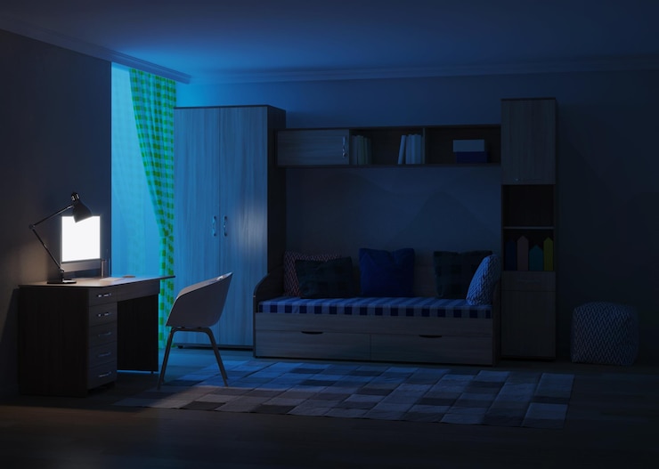 Photo 10代の若者のために設計された居心地の良いスタイリッシュな部屋。夜。夜の照明。 3dレンダリング。