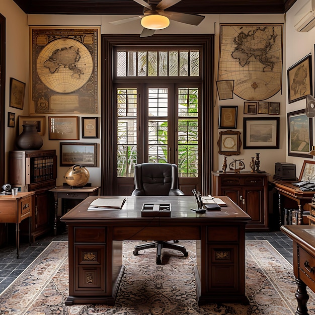 Photo cozy surinamese colonial style study room with antique wooden des interior layout creative decor