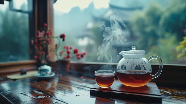 Cozy Teapot with Aromatic Tea by a Rainy Window