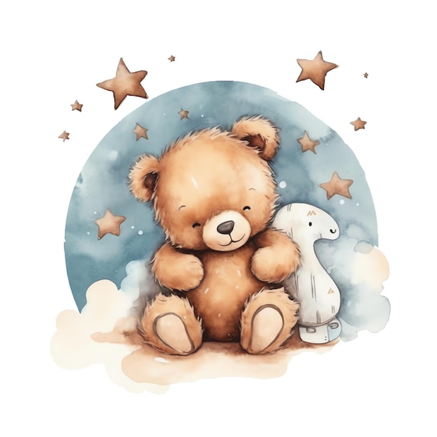 A cozy teddy bear resting on a fluffy cloud hugging a star in watercolor style