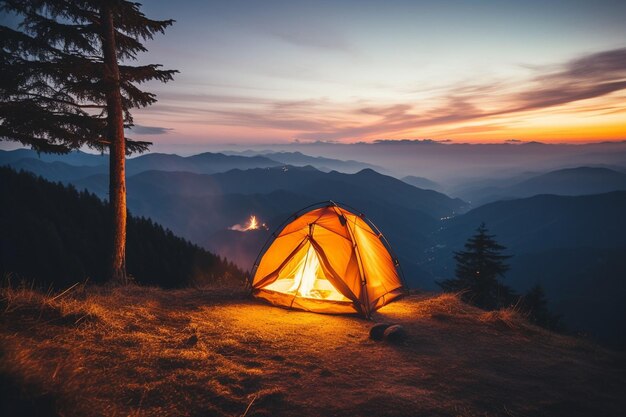 Cozy tent illuminated by the warm glow of a lantern at dawn
