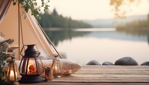 Cozy tent in nature with fire and lamp