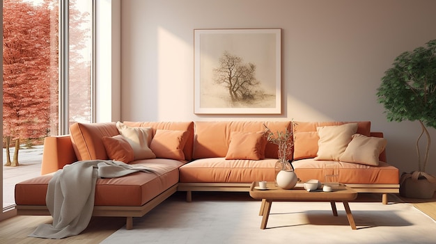 cozy terra cotta fabric cornet sofa near window Scandinavian interior design of modern living room