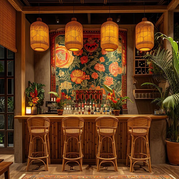 Photo cozy thai inspired bar area with bamboo bar stools carved wooden interior layout creative decor