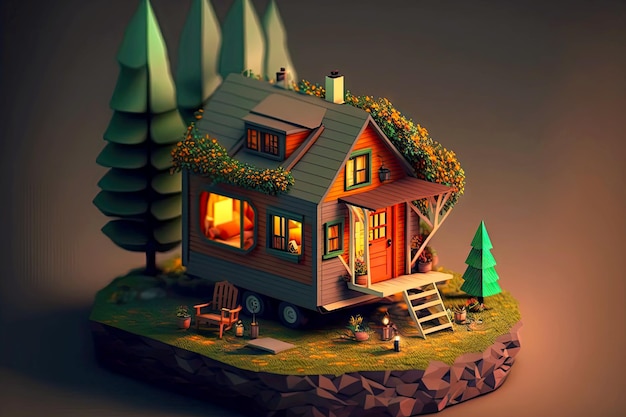 Cozy tiny house for toys travel trailer with glowing windows