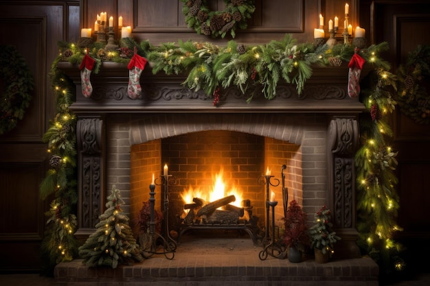 a cozy traditional fireplace adorned with holiday greenery and stockings generative ai