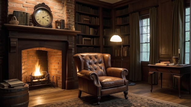 Photo cozy traditional library room with fireplace