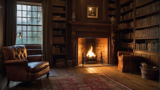 Photo cozy traditional library room with fireplace