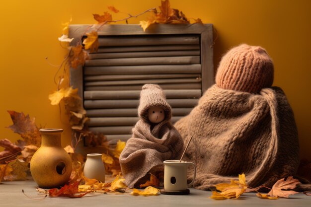 The cozy trio house figures autumn leaves and a warm scarf embracing the heating season ar 32