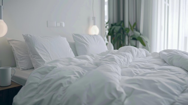 Photo cozy unmade bed bathed in soft morning light showcasing casual comfort in a modern home