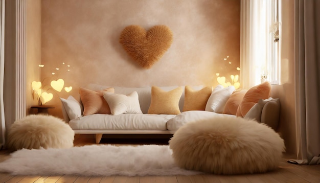 Cozy Valentines hideaway Warm hues fuzzy textures Oversized cushions heart motifs An inviting and i