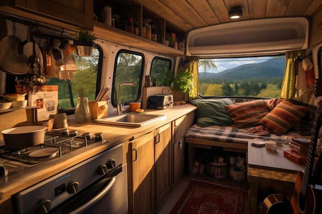 Уютный фургон с очаровательным кухонным интерьером Generative Ai