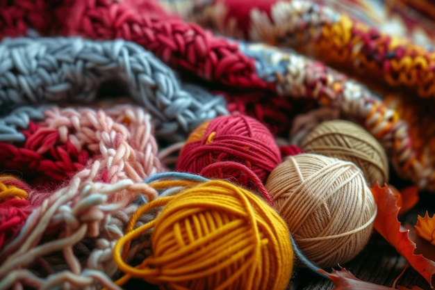 Cozy variety of colorful yarn for knitting and unfinished knitted work The concept of hobby and comfort Generative AI