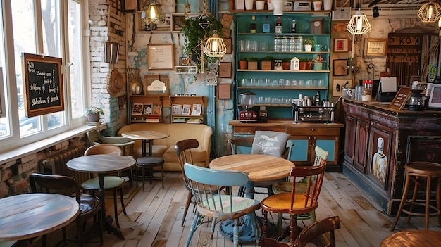 Cozy vintage cafe interior with wooden tables and chairs brick walls and eclectic decorations creating a warm and inviting atmosphere