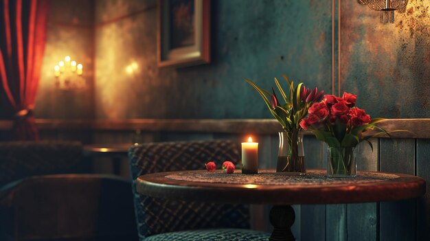 Cozy Vintage Cafe Table with Romantic Candle and Flowers