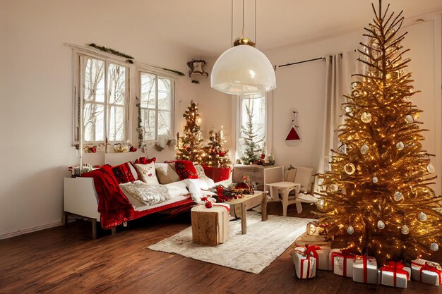 Cozy vintage Christmas holdiay decorated room with Christmas tree fireplace candles toys carpet and armchair