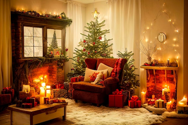 Cozy vintage Christmas holdiay decorated room with Christmas tree fireplace candles toys