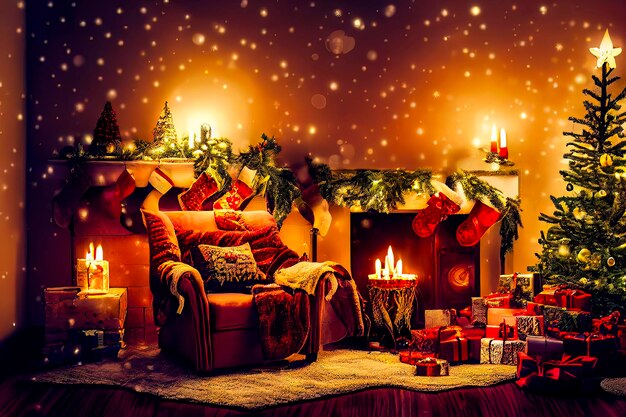 Cozy vintage Christmas holdiay decorated room with Christmas tree fireplace candles toys