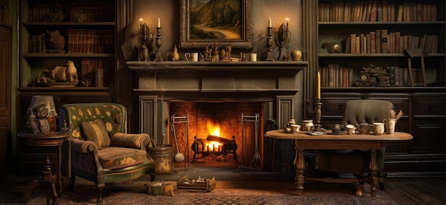 Photo cozy vintage living room with crackling fireplace