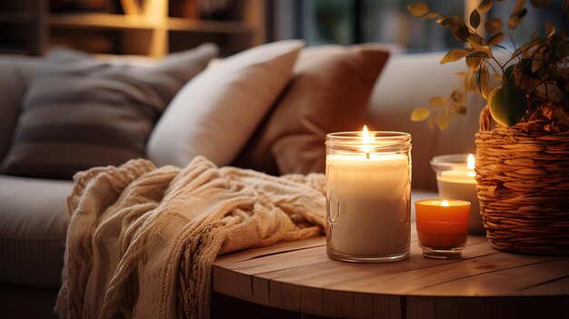 Photo cozy warm candle on the coffee table