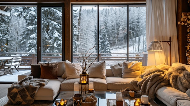 cozy warm home interior of a chic country chalet with a huge panoramic window Generative Ai