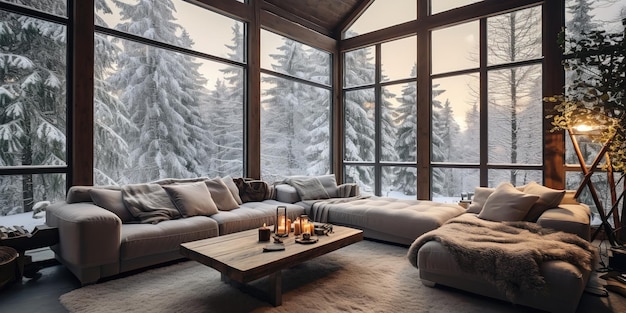 Cozy warm home interior of a chic country chalet with a huge panoramic window