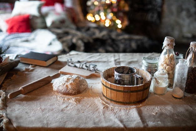 Cozy and warm kitchen with Christmas decor. 