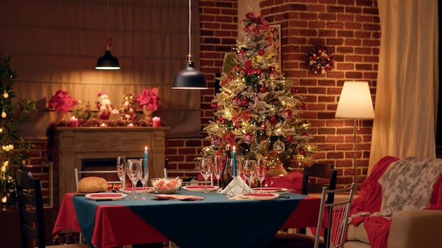 誰もいない季節のポジティブなスタイルの居心地の良い温かみのあるダイニングルーム。本物の装飾と食器を備えた、お祝いの伝統的なクリスマス ディナー テーブルの空のインテリア。