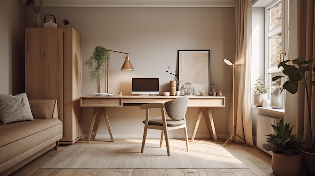 A cozy and warm minimalist home office with a computer