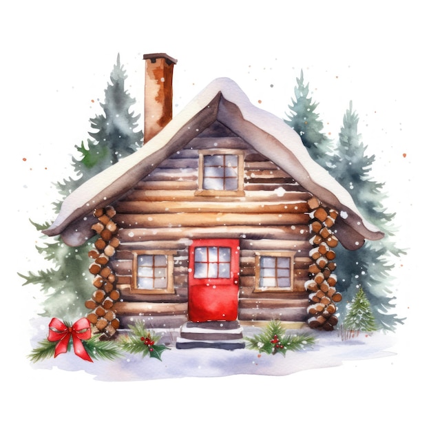 Cozy Watercolor Log Cabin with Twinkling Christmas Decorations in a Snowy Landscape AI Generated