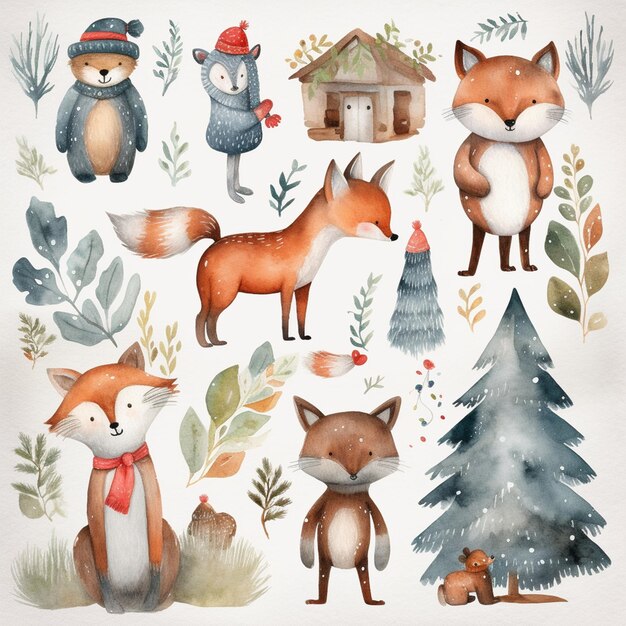 Photo cozy watercolor woodland cuddling in snowy hills clipart