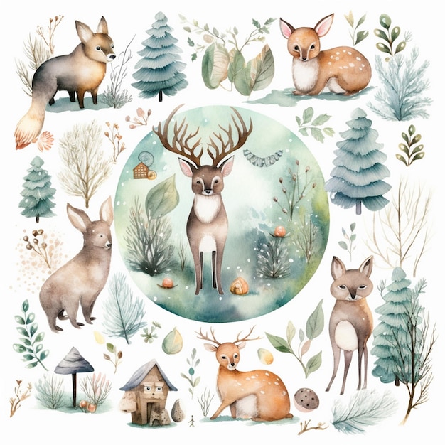 Cozy Watercolor Woodland Cuddling in Snowy Hills Clipart